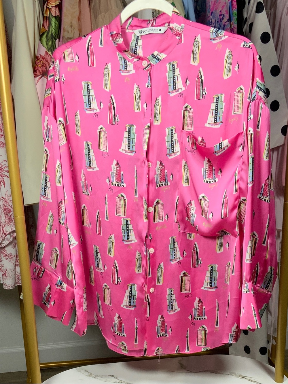 Zara Hot Pink Printed Satin Button-Down Shirt